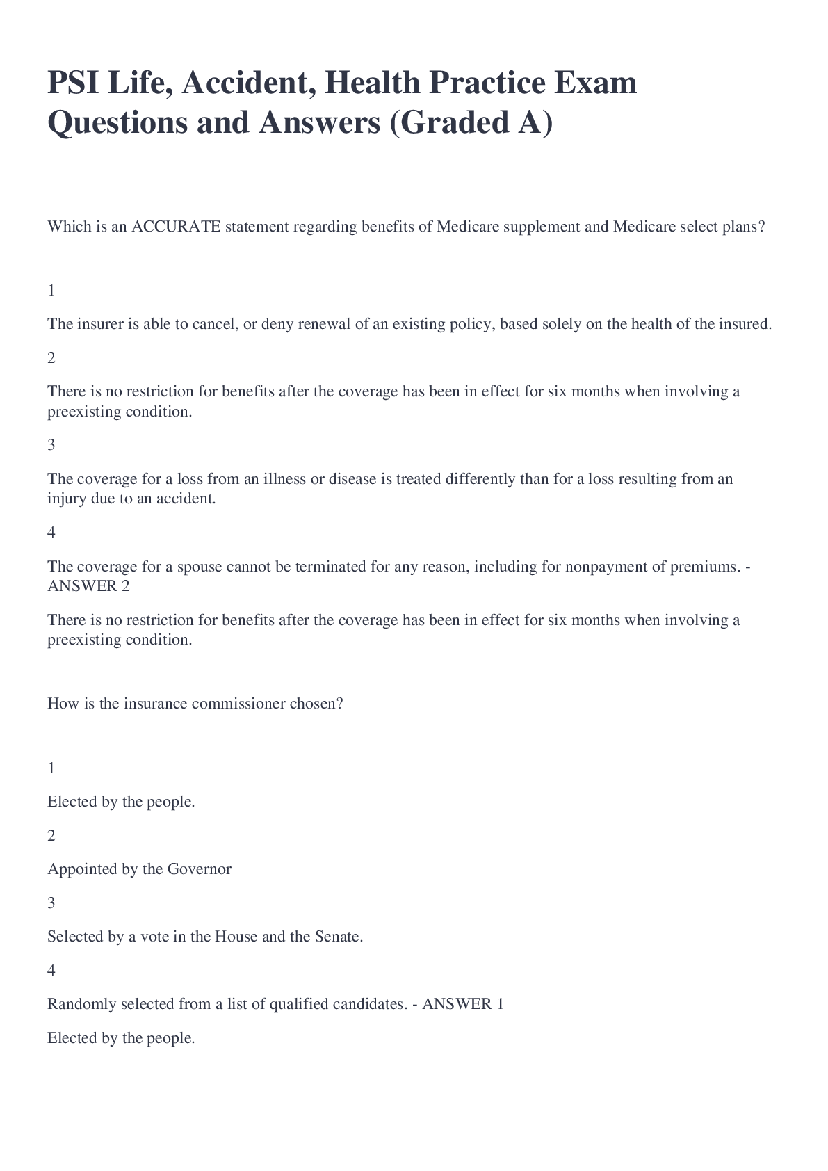 PSI Life, Accident, Health Practice Exam Questions and Answers (Graded